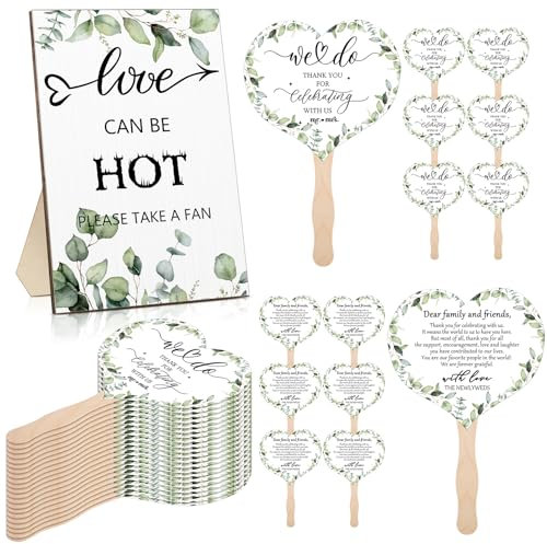 Anglechic 51 Pcs Wedding Fans for Guests Greenery Wedding Favors 50 Greenery Heart Wedding Paper Fans with Wood Handle, 1 Pcs Love Can Be Hot Wooden Wedding Table Sign Bridal Shower Favor