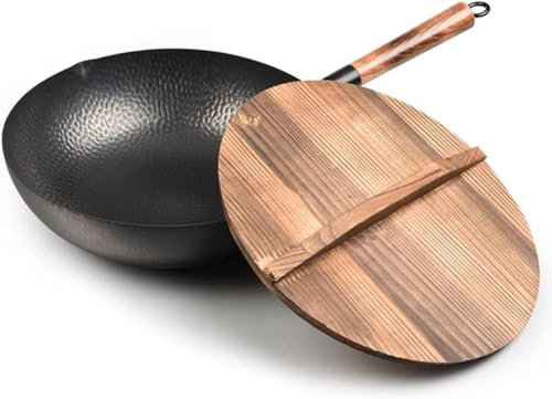 LRTYZBD Wok Pan Hand Hammered Cast Iron Woks with Wooden Lid, No Coating Non-Stick Pot Stir Fry Pans for Gas Stoves/Induction Stoves/Stoves-Pot Mouth Diameter: 32cm