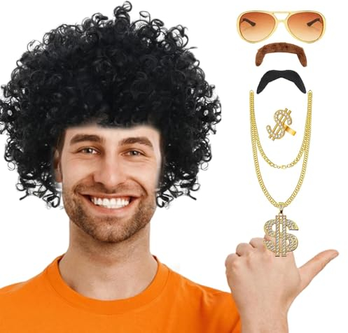 Herren-Disco-Perücke, 70er-Jahre-Kostüm-Perücke | Herren-Lockenperücken - Perücke für Cosplay-Par, 6-teiliges Herren-Disco-Kostüm-Set, 70er-Jahre-Disco-Kostüme, interessanter Look für 60er-Jahre-Hip