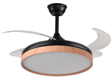Milectric Ventilador de techo con luz LED | motor DC | 4 aspas retráctiles | luz regulable y 3 tonalidades | 6 velocidades | control remoto | temporizador | silencioso | bajo consumo (Negro/Haya)