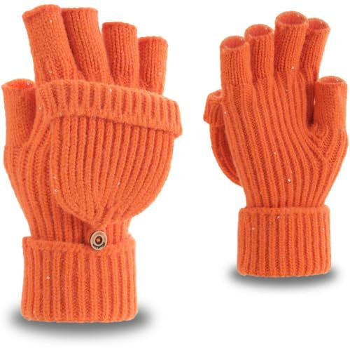Yaopelky Fingerlose Handschuhe für Damen und Herren, Winter, warme Flip-Handschuhe, Halbfinger, gestrickte Fäustlinge, wandelbare Thermo-Fäustlinge, Orange mit Pailletten, One Size for most adults