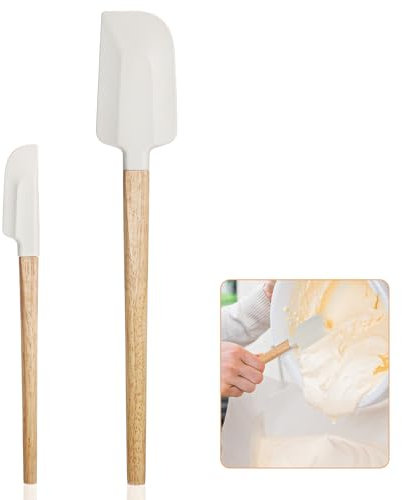 JJUNW 2 Stück Silikonspachtel mit Holzgriff, Silikon Spatel, Teigschaber Küchenschaber Flexibel für Einfaches Backen Antihaft Silicone Spatula für Kochen Backen Pizza Pfannkuchen Spiegelei Wender