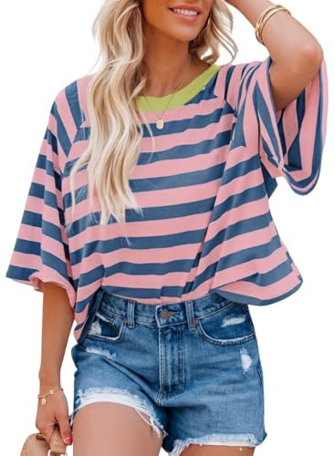 Chicrise Tshirt Damen Sommer Oversize Gestreiftes Oberteile Kurze Rundhals Lässige Kurzarm Top