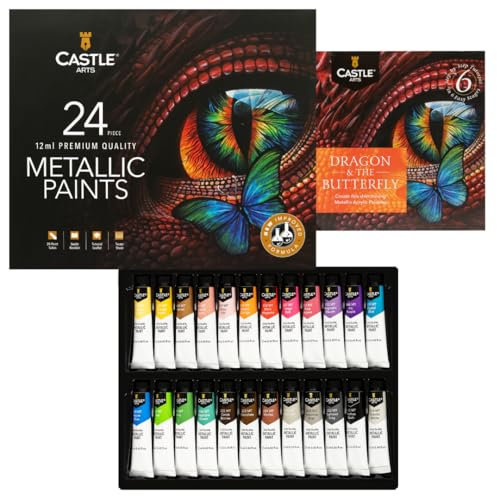 Castle Art Supplies Metallic Acrylic Paints Set | New Improved Formula | 24 x 12ml Tubes for Adult Artists, Beginners and Crafters to Add Shimmering Quality (New Improved Formula)