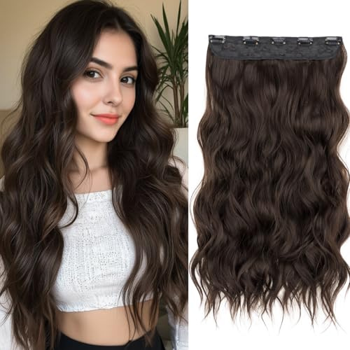 SEGOHAIR One Piece Clip-In Haarextensions 61cm lockiges langes welliges synthetisches Haarteil mit 5 sicheren Clips 180g Volumen 3/4-Vollkopf-Haarextensions Dunkel Leinen mit Hell Leinen