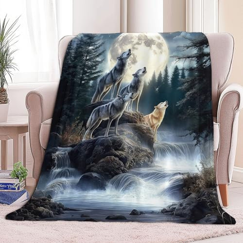 Kuscheldecken Sofaüberwurf Weiche Flauschige Decke Mondlicht Wald Tier Wolf Muster für Sofadecke, Tagesdecke - Gemütliche Flanelldecke, Warme Decken für Herbst Winter 100 x 130 cm