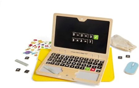 Bigjigs Toys Tech Set - 95pcs Holz Laptop Spielzeug mit Tafelbildschirm, Pretend Play Sets & Zubehör für Kleinkinder & Kinder, Vorschule Frühe Lernaktivität, Kindergeschenke, ab 3 Jahren