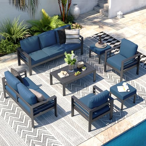 U-MAX 7-Piece Aluminium Garden Furniture Set, 9 Seater Modern Outdoor Patio with Coffee Table Conversational Corner Sofa Loveseat Black with (Blue) Cushions