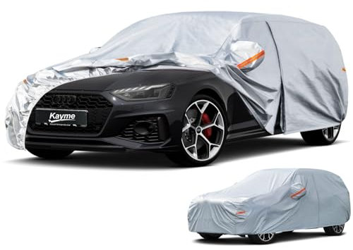 Kayme Autoplane Kombi,Autoabdeckung Wasserdicht Atmungsaktiv,Auto Abdeckplane für Regen Sonne Staub Schutz, Auto Abdeckung für Audi A4 Avant,V60,VW Passat Estate etc.Siehe AutoGrößentabelle A4,Silber