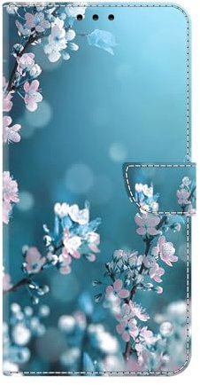 CLM-Tech Handyhülle kompatibel mit Samsung Galaxy A17 5G / A26 5G Hülle - Tasche aus PU Leder - Klapphülle mit Ständer und Kartenfächern - Schutzhülle Wallet Case Cover Pflaumenblüte blau