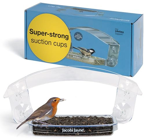 Jacobi Jayne® Sky Deck™ - Comedero para pájaros de Ventana Transparente con ventosas Fuertes - Comedero para pájaros para Ventana - Mira cómo los pájaros se acercan con Este comedero acrílico para