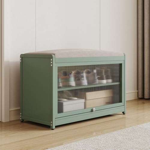 BAKAJI Schuhschrank mit Sitz und 2 Innenfächern, platzsparend, Schuhbank mit transparenter Tür und Rutschfester Unterseite, für Eingang, Schlafzimmer, Eingangsbereich, 70 x 32 x 45 cm (grün)