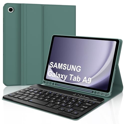 WAVATA Tastatur für Samsung Galaxy Tab A9 8.7 Zoll 2023, Hülle mit Tastatur für Samsung Tab A9 Magnetische Bluetooth Abnehmbare QWERTZ Layout, Dunkelgrün