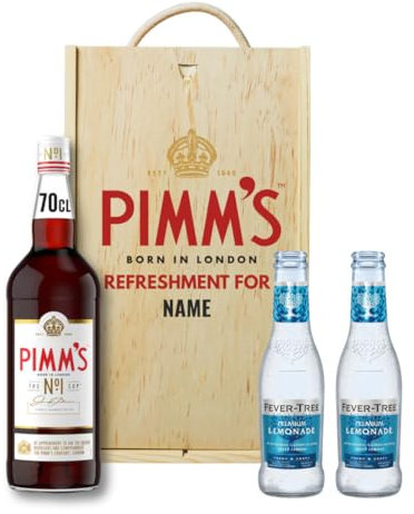 Personalised Pimm’s No.1 Cup & Fever Tree Lemonade Gift Set – Alcohol Gift for Men or Women – 70cl Bottle (25% ABV) in Engraved Wooden Box – Summer Spirits Present with Mixer for Him or Her