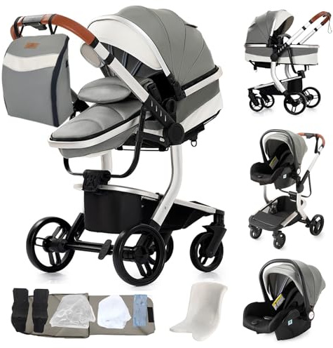 MoLi PU-Leder Kinderwagen 3 in 1, Kinderwagen mit Umkehrbarem Doppelschiebemodus, Buggy Bequemer Babywanne, Kombikinderwagen 3 in 1 Rahmen Aluminiumlegierung Faltbar Hohe Landschaft (B518 Grey)