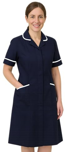 Skywear Ladies Healthcare Tunic Dress – Nurses Uniform Workwear for Women – Medical, Beauty, Dental, Therapist & Carers, Navy with White, 10, Short
