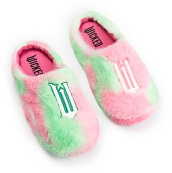 Wicked Girls Pink and Green Fluffy Mule Slippers | Indoor Lounging Footwear with 'W' Logo | Comfy Slippers for Kids | Perfect for Relaxing at Home Merch