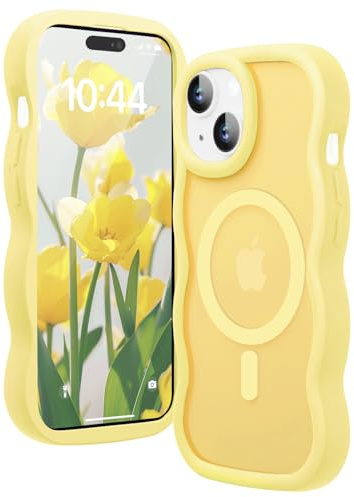 Amzfield Magnetic Case for iPhone 13/14, Wavy Translucent Schlank, Yellow | Compatible with MagSafe Wavy Translucent Soft Silicone Shockproof Cute Matte for Girl Women Drop Protection Soft Touch Pretty