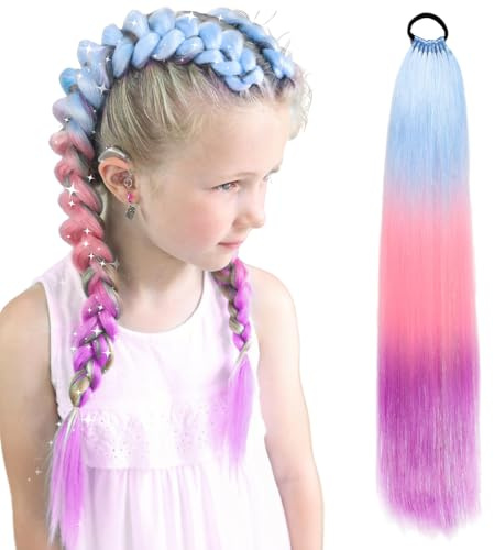 REEKNOKOL Cheveux tressés arc-en-ciel, extensions synthétiques de 26 pouces pour tressage, queues de cheval colorées pour filles et femmes (Bleu/Rose/Violet)
