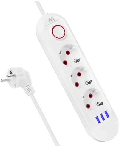 Maclean MCE394/MCE395 Steckdosenleiste | USB 2500W 1,5m | Kompakt mit Schalter, beleuchtete USB-Anschlüsse 45° | Wandmontage (Weiß, 3 Anschlüsse)