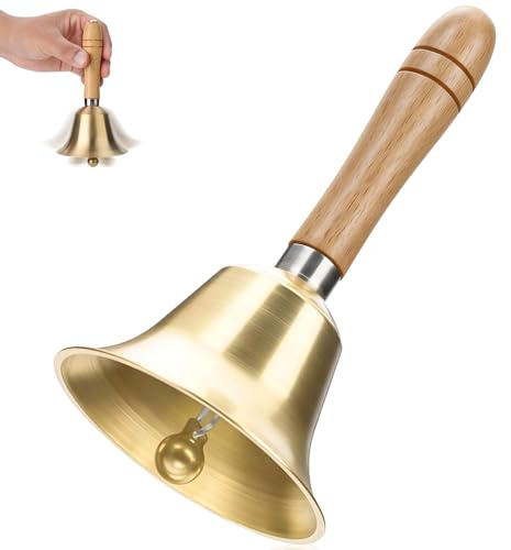 Campanella a Mano con Manico Legno, Campanelle in Metallo Extra Forte Campana Babbo Natale, Campane Tè Campanello Chiamata Ottone Massiccio Classica per Casa, Scuola, Decorazioni Vacanze, Matrimonio