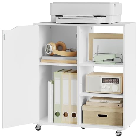 WOLTU Aktenschrank mit Rollen, Druckertisch mit 3 offenen Fächern | für Zuhause und Büro, 60x70x35 cm, Weiß