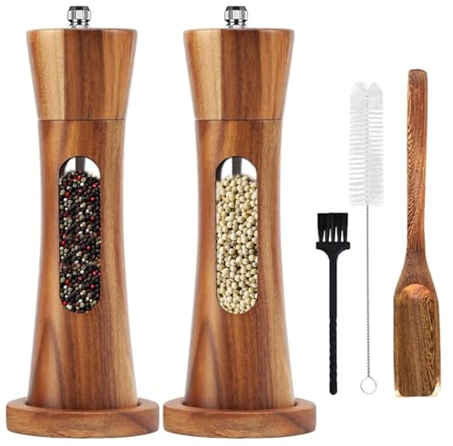 Moulin à Poivre et Sel en Bois, 2 Pièces avec Support, Moulin à Épices Manuel à Céramique Réglable, Poivrier et Salière avec Fenêtre Visuelle
