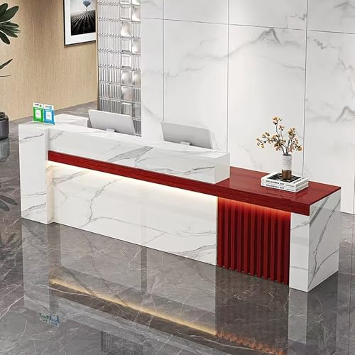 MEEYI Empfangstresen Theke Rezeption Tisch Büro Empfangstheke 220x60x100cm Rezeptionstheke Verkaufstresen Fischbauchweiß-Rote Kirsche-Rechts