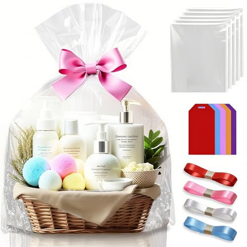 Upgraded Geschenkfolie Transparent Cellophantüten Klare Extra Groß Cellophanfolie Durchsichtiges Geschenkfolie Zellophantüten Mit Zugschleifen für Geschenke Körbe,Blumen,Hochzeit 5pcs 75x100cm