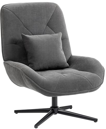 HOMCOM Sessel Drehbar Loungesessel mit Lendenkissen, gepolstert Relaxsessel mit Chenille-Optik, Hohe Rückenlehne, Stahlbeine, moderner Polsterstuhl für Wohnzimmer, Schlafzimmer, Dunkelgrau