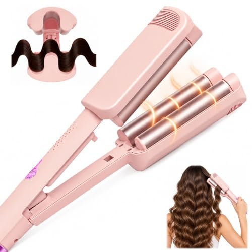 AEMCHDM 32 MM Rizador Francés, Rosa Beach Waves Plancha Ondas, Plancha Ondas para Principiantes para Principiantes y Todo Tipo de Cabello, Ondulador de Pelo Iónico, Ondulador de Cerámica