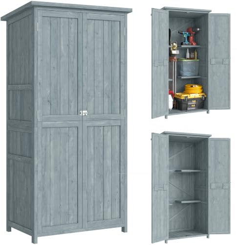Outsunny Armoire de Jardin 2 Portes Verrouillables 85 x 54 x 170 cm Gris | Bois de Sapin, Balcon Terrasse, 2 Étagères, 10 Crochets, Toit en Asphalte Étanche