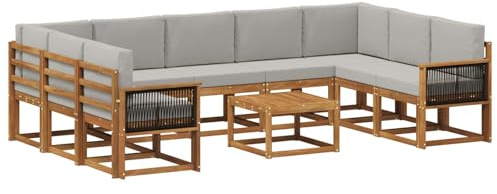 vidaXL Outdoor-Sofagarnitur mit Kissen 10 pcs Natürlich und Hellgrau, Akazien-Sofa-Set, modernes Outdoor-Sofa, Robustes Gartenmöbel, wetterfest, umbaubar und gemütlich