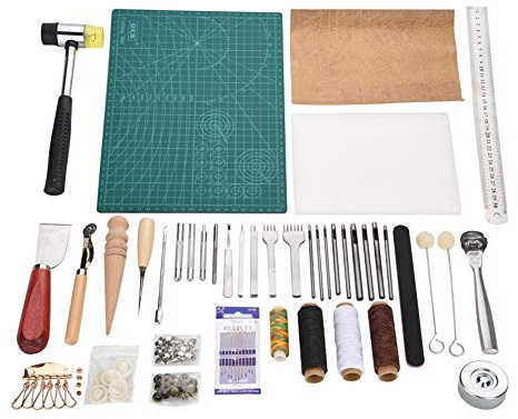 42 st läderhantverksverktygssats, hålsömssömmar, läderhörnstans, sömnadssats för vuxna nybörjare, DIY-handverktyg med instruktioner för bälten plånböcker