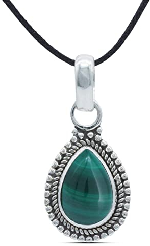 mantraroma Kettenanhänger 925 Silber Malachit grüner gestreifter Stein Edelstein Kettenanhänger Damen Sterling Silber Halskette Anhänger Geschenk (MAH-065-10)