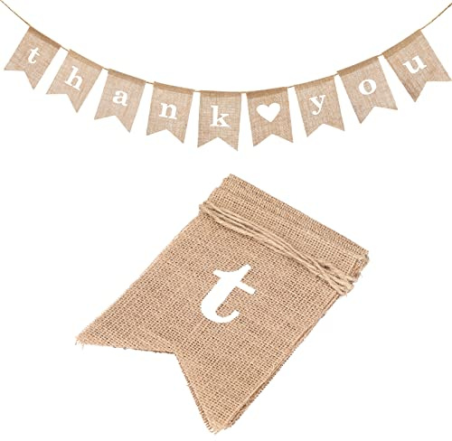 G2PLUS THANK YOU Burlap Bunting - 3M Rustic Hessian Bunting - 8PCS Linen Natural Garlands for Rustic Wedding Birthday Party Decoration