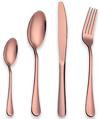 Berglander Ensemble de 24 pièces en Acier Inoxydable avec Titane plaqué Or Rose, Ensemble argenterie en cuivre, Luxe pour Mariage, Pièces de Monnaie, Ensemble de 6 pièces