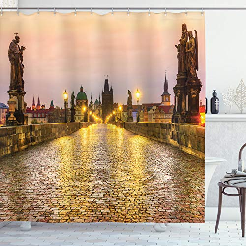 ABAKUHAUS Stadtansicht Duschvorhang, Old Town in Prag, Stoffliches Gewebe Badezimmerdekorationsset mit Haken, 175 x 200 cm, Gelb Braun