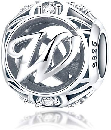 FOREVER QUEEN Alphabet Buchstabe W Charm Bead mit klaren Zirkonia kompatibel für europäische Armbänder 925 Silber Sterling Charm Anhänger,BJ09121-W MEHRWEG