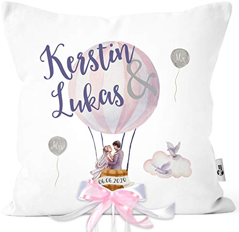 MoonWorks® personalisierbare Kissen-Hülle zur Hochzeit, Hochzeitskissen Heißluftballon, Hochzeitsgeschenk Geldgeschenk Kissenhülle mit Schleife mit Schleife 40cm x 40cm