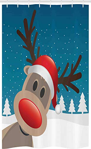 ABAKUHAUS Weihnachten Schmaler Duschvorhang, Rudolph das Rentier, Badezimmer Deko Set aus Stoff mit Haken, 120 x 180 cm, Rot Braun