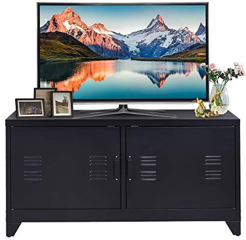 HOMCOM Steel TV Stand Cabinet, Industrial TV Unit for TVs up to 50, TV Table with 2 Doors, Adjustable Shelf and 4 Cable Holes for Living Room, Black