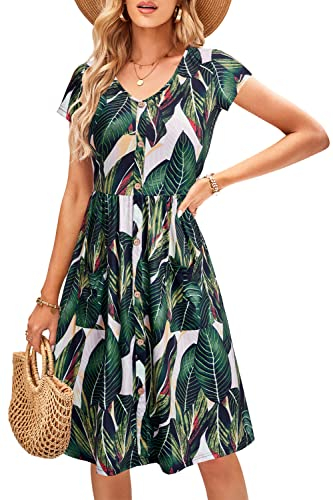 OUGES Sommerkleid Damen Kleider Kurzarm V-Ausschnitt Midi Kleid Knopfleiste Knielang Freizeitkleid mit Taschen(Floral08, M)