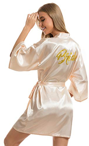 Vlazom Morgenmantel für Hochzeit Satin Kimono Badmantel für Braut&Brautjungfern V-Ausschnitt Damen Robe mit Gürtel(M,Champagner für Braut)