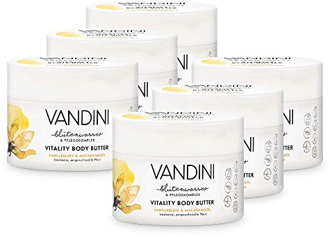 VANDINI Vitality Body Butter Damen mit Vanilleblüte & Macadamiaöl - Body Butter als Körpercreme & Gesichtscreme für trockene, anspruchsvolle Haut - vegane Body Butter für Frauen (6x 200 ml)