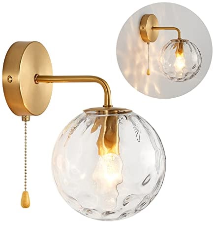OURLOVEII Glas Wandleuchten für Innen, Gold Glaskugel Wandlampe mit Schalter, Moderne Wandleuchte Schlafzimmer aus Glaskugel Lampenschirm Ø15CM, E27 Goldene Badezimmer Wandlampen (Gold)