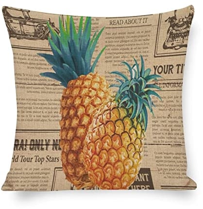 Rustikaler Kissenbezug, 40,6 x 40,6 cm, Ananasgelb, Retro-Dekor, Vintage-Zeitungs-Hintergrund, Leinen, Kissenbezug für Couch, Büro