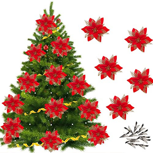 Leixi 12Pcs Christmas Poinsettia Flower Artificial Pointsettia with Clips Glitter Poinsettia Ornaments Christmas Tree Flower Decorations, DIY Xmas Wreath Holiday Party Decor (Red)
