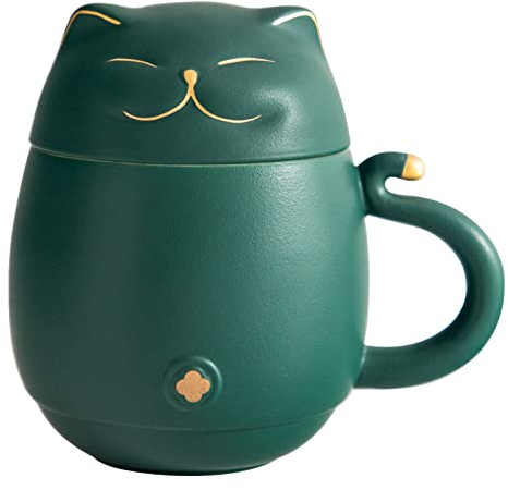 HEER Ceramic Tea Cup with Infuser and Lid for Steeping Loose Leaf, Cute Lucky Cat Coffee Mug Birthday Gift for Cat Lovers, Funny Teacup with Steeper Christmas Gifts for Men, Women. (Green)