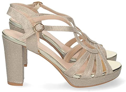 shoes&blues.es 69392-Sandalia de Tacon para Mujer, Comoda, con Pala en T, Estampado Brillante, y Cierre de Hebilla, Otono Invierno 2022. Talla 39 Oro